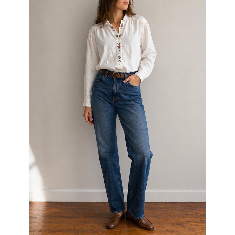 VTG 90s Eddie Bauer Embroidered Heart Ruffle Collar Blouse Large Cottage Prairie - Picture 2 of 14
